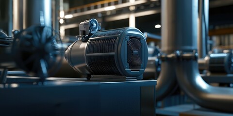 Fototapeta premium A close-up of a ventilation unit in a steel factory, focusing on its motor and filter components. The system ensures clean air and cooling for the factory environment.