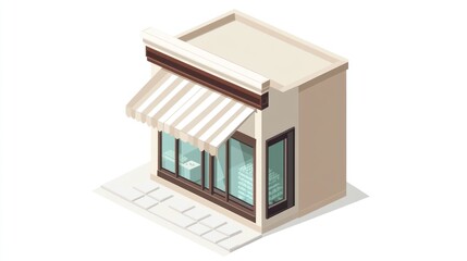 Isometric shopfront, light beige, awning, glass windows