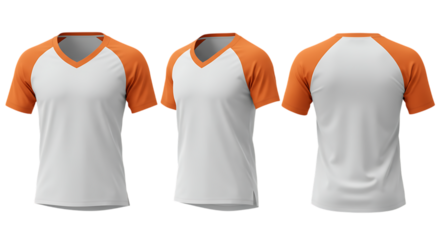 V-neck t-shirt with orange raglan sleeves and a white body, front, side, and back view, Isolated on transparent background
