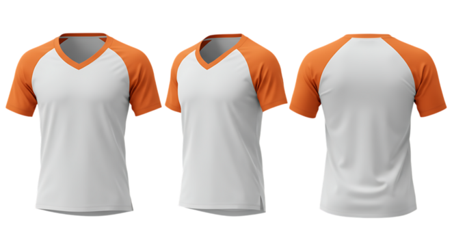 V-neck t-shirt with orange raglan sleeves and a white body, front, side, and back view, Isolated on transparent background
