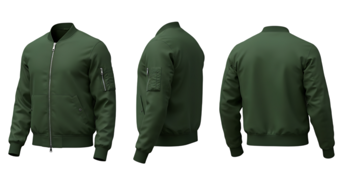 Blank Dark Green Bomber Jacket Turnaround Mockup Isolated on transparent background