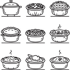 Chicken Pot Pie Black Line Editable Icons set
