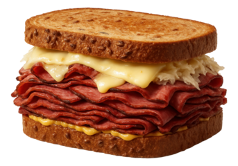 Reuben sandwich with pastrami, Swiss cheese, and sauerkraut stacked on rye bread with a thin mustard layer.