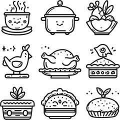 Chicken Pot Pie Black Line Editable Icons set