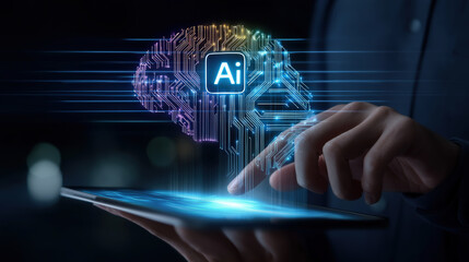 Artificial intelligence technology digital brain innovation futuristic concept human hand tablet glowing data network modern creative connection science virtual interface progress smart