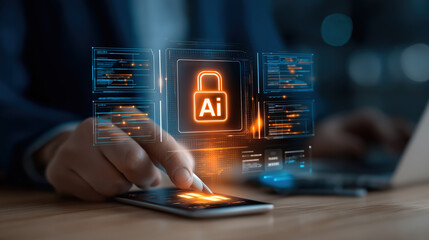 Artificial intelligence, data security, digital lock, and futuristic interface highlight technology protection and privacy in modern business environment