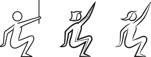 Climbing figure icons set, athletic movement poses, woman and man climbing, fitness activity, vector design of sports action illustrations.