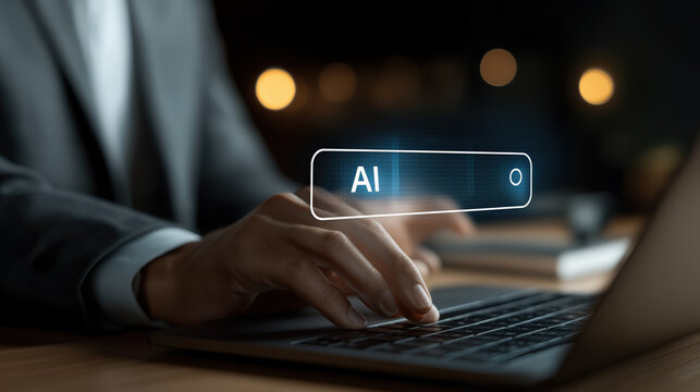 Businessperson hand typing laptop keyboard AI search bar hologram modern office low angle futuristic technology innovation digital transformation evening professional - Powered by Adobe
