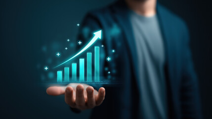 Business growth concept photo ultra realistic success finance chart digital futuristic technology upward arrow professional hand person suit blue glowing innovation progress data analytics