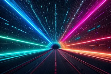 Obraz premium Abstract neon light tunnel with glowing lines and digital patterns