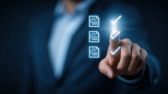 Businessman hand touching digital checklist with glowing check marks, document icons, and blurred background, representing task management, productivity, and organization in modern office