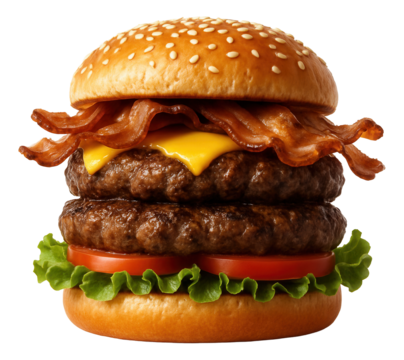 Double bacon burger showcasing stacked patties with crispy bacon strips extending beyond the bun.
