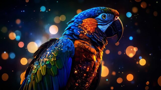 Vibrant Macaw with Sparkling Feathers Against a Bokeh-Filled Dark Background