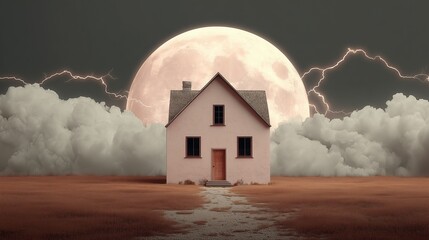 Haunted house with full moon and lightning in spooky night, pastel Halloween concept
