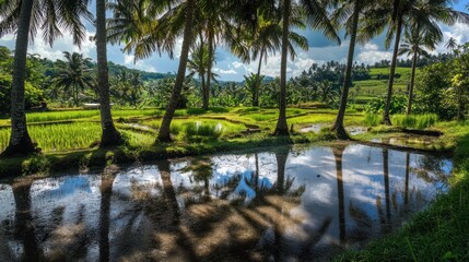 Lush rice paddies, palm trees, and reflections