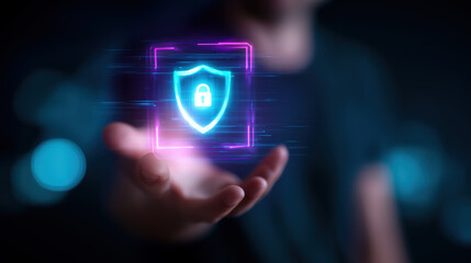 Futuristic cybersecurity concept with glowing shield icon, digital lock, and blurred hand, symbolizing advanced data protection, privacy, and secure technology innovation
