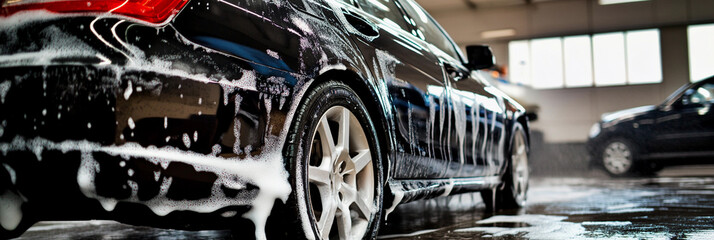Close-up of a shiny car getting cleaned in a wash bay Generative AI