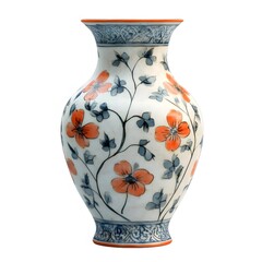 白い背景に隔離されたオレンジ色の花の装飾が施された陶磁器の花瓶