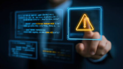 Warning symbol, digital interface, cybersecurity, and system monitoring concept with person interacting with virtual screen, highlighting security alert in modern technology environment