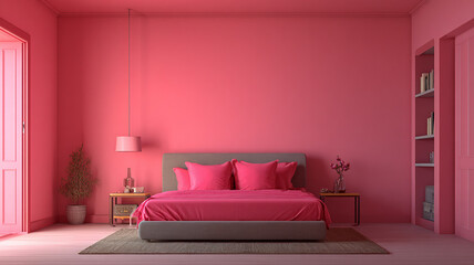 vibrant pink yet minimalist kids bedroom with a white door on the center of the image. the bedroom has a cute bed and a mini sofa made with generative AI