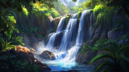 Obraz premium Scenic tropical waterfall cascading through lush jungle landscape with vibrant green vegetation