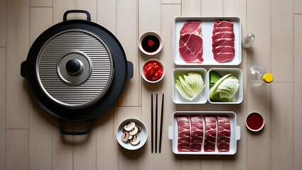 A circular tabletop griddle is surrounded by bowls and trays of raw meat, vegetables, and sauces on a light wood surface.