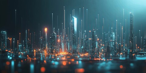 Obraz premium A futuristic city skyline representing various investment sectors, such as real estate and technology, connected by glowing data points symbolizing financial flows.