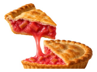 Slice of rhubarb pie being lifted, with a vibrant pink filling pulling apart.