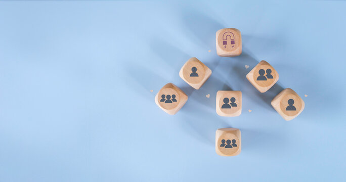 Increasing customer loyalty, Developing brand awareness, Understanding customer need, Providing value, Create relationship with customer engagement, Wooden cube with heart and customer awareness icon