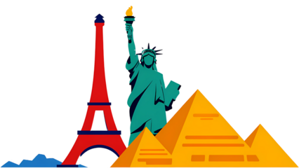 Iconic landmarks: Eiffel Tower, Statue of Liberty, and Egyptian pyramids symbolize global travel and exploration.