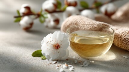 Calming Spa Still Life with Oil, Cotton and Towel in Natural Light