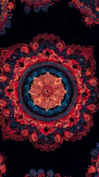 Boho ethnic india bohemian mandala print fabric background. Wall carpet backdrop with swirls and circles in India. Hypnosis, inside colorful kaleidoscope, hallucinations. Figures and flowers. Vertical