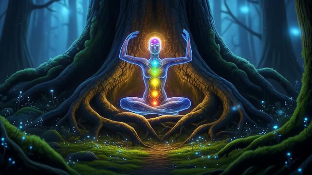 Meditating Figure Illuminated With Chakra Colors in Forest Setting Amongst Tree Roots