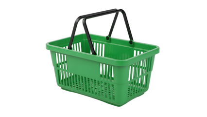 Green plastic shopping basket with black handles, empty and isolated transparency background, commonly used supermarkets or grocery stores for carrying items, practical and lightweight design