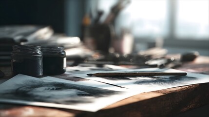 Obraz premium Creative s studio workspace with scattered sketches and tools