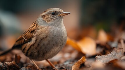 Fototapeta premium Elegant Dunnock Bird Portrait Amidst Autumnal Fallen Foliage Close Up