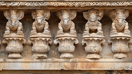 Fototapeta premium Ornate stone carvings of elephants and vases adorn a historical building facade