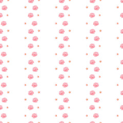 Seamless pattern with pink Sakura cherry tree blossoms and chrysanthemum flower heads. Floral clipart. Hand-drawn watercolor illustration for fabric, wrapping paper, backgrounds