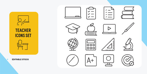 Comprehensive Teacher Icon Set Featuring Education Symbols and Tools for Learning and Academic Success a Modern Outline Design
