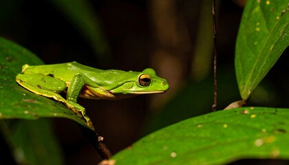 Fototapeta premium A vibrant green tree frog perches delicately on a lush green leaf, its golden eyes gleaming amidst the dappled shade of the rainforest.