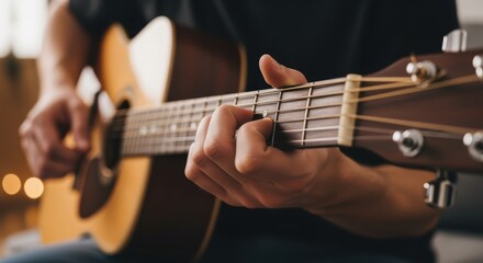Obraz premium Closeup of hands playing an acoustic guitar focusing on finger placement to illustrate musical chord techniques with a warm and inviting background suitable for articles about