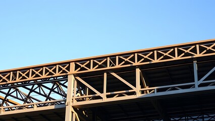 Industrial steel structure with geometric patterns, highlighting construction progress under clear skies.