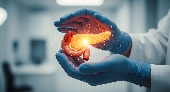 World Pancreatic Cancer Day Doctor's hands in blue gloves holding a glowing pancreas, symbolizing advanced medical care and innovative treatment for pancreatic health.