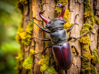 Close up of a stag beetle climbing on a mossy tree trunk in the forest during daytime