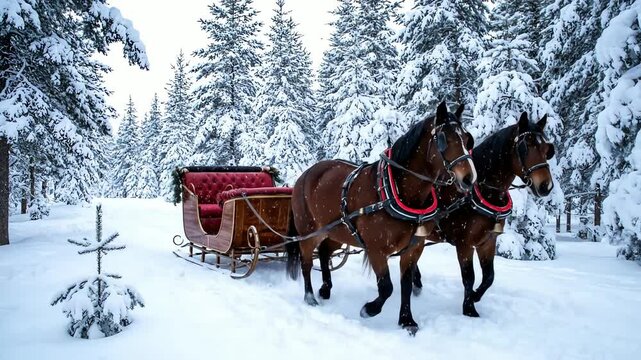 Experience the magic of horses pulling a sleigh through a snow-covered winter wonderland. Evokes holiday cheer.