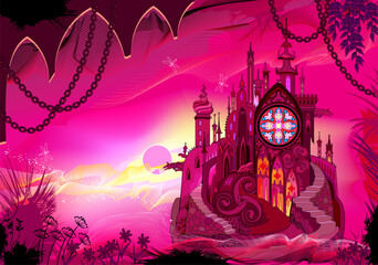 Fantasy fairy tale landscape with medieval gothic castle. Celtic fabulous kingdom. Cover for kids book. Background for computer game, wallpaper, decoration, theater scenery. Hand drawn vector.