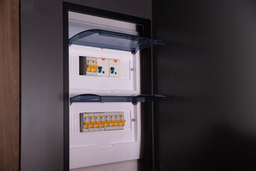 Automatic switchboard for emergency electricity on and off. Electricity safety. Copy space for...