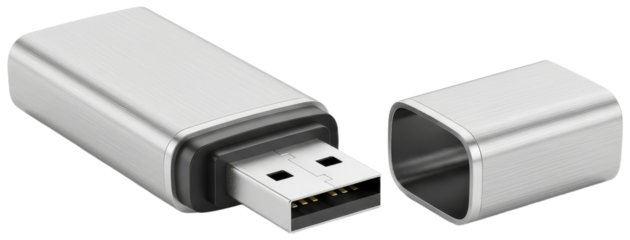 Silver metal USB drive with detached cap on white surface, transparent background png