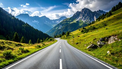 Naklejka premium A scenic mountain road winds through lush green meadows, surrounded by majestic peaks under a vibrant blue sky.