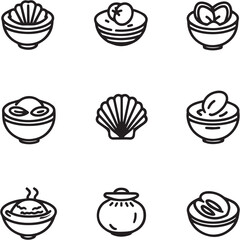 Clam Chowder Black Line Editable Icons set